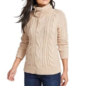 LL Bean Cotton Fisherman’s Sweater Cableknit Knit Funnel Shawl Neck Cream XS